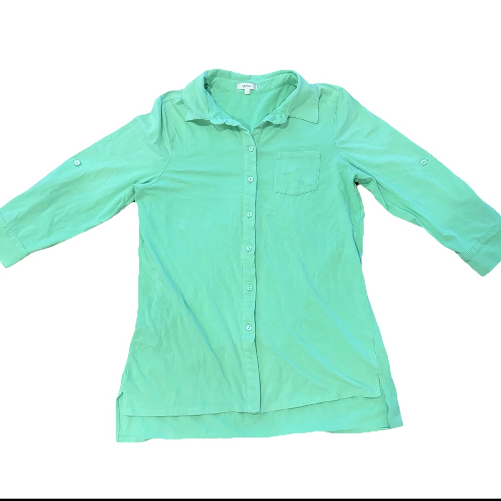 Tyler Boe Women’s Button Down Collared Shirt 3/4 Sleeve Green Size Large